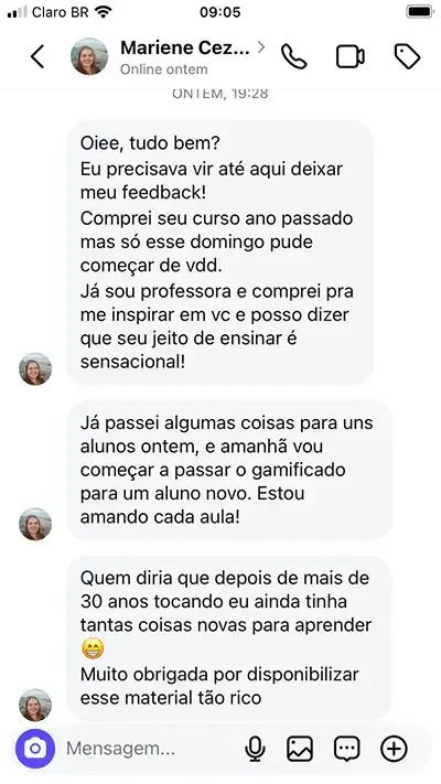 Depoimento de aluno sobre o professor e o método (captura de tela)